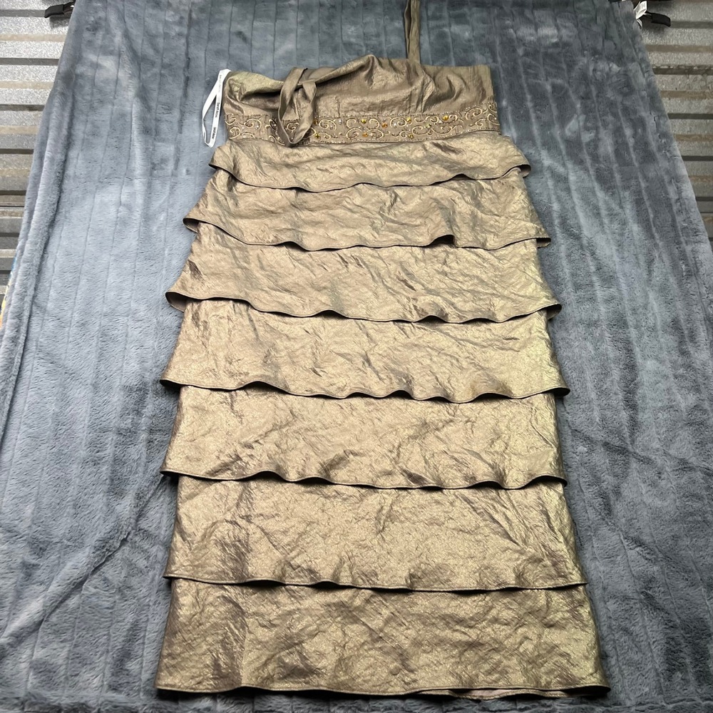 Davids Bridal Metallic Bronze Tiered Ruffle Formal Dress 18W Beaded Waist 14916
